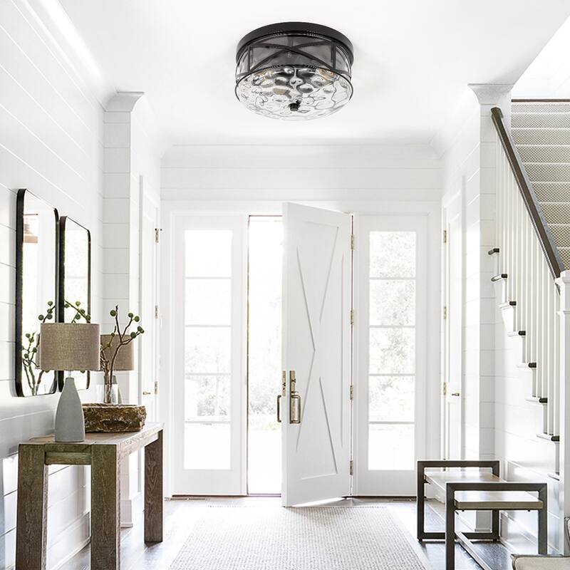 2-Light Flush Mount Glass Ceiling Light with Metal Frame - N/A