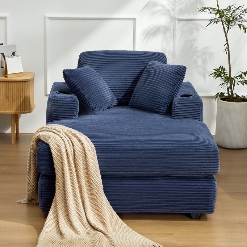 Oversized Corduroy Chaise Lounge Chair with Throw Pillows and Built-In Cup Holders
