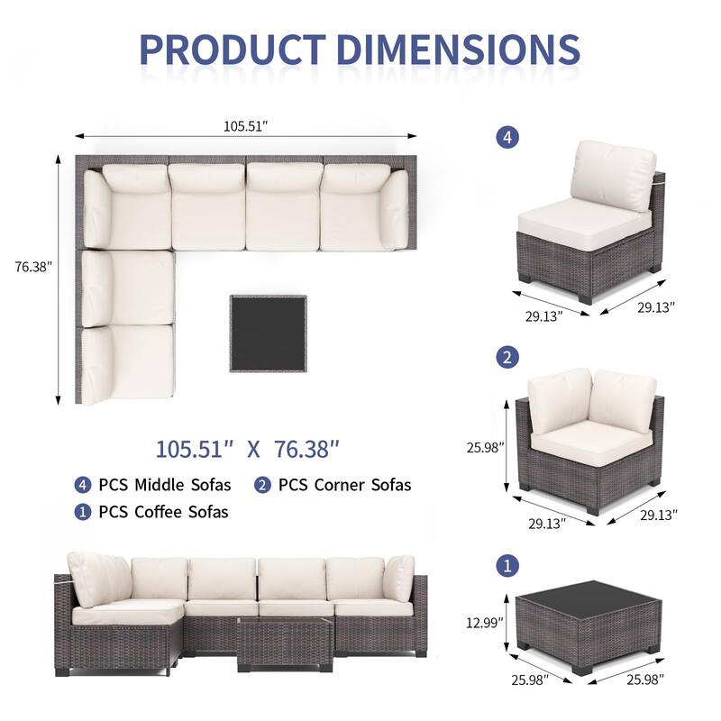 Patio Funiture Set 7 Pieces Outdoor Rattan with Detachable Soft Cushions Patio Conversation Sets