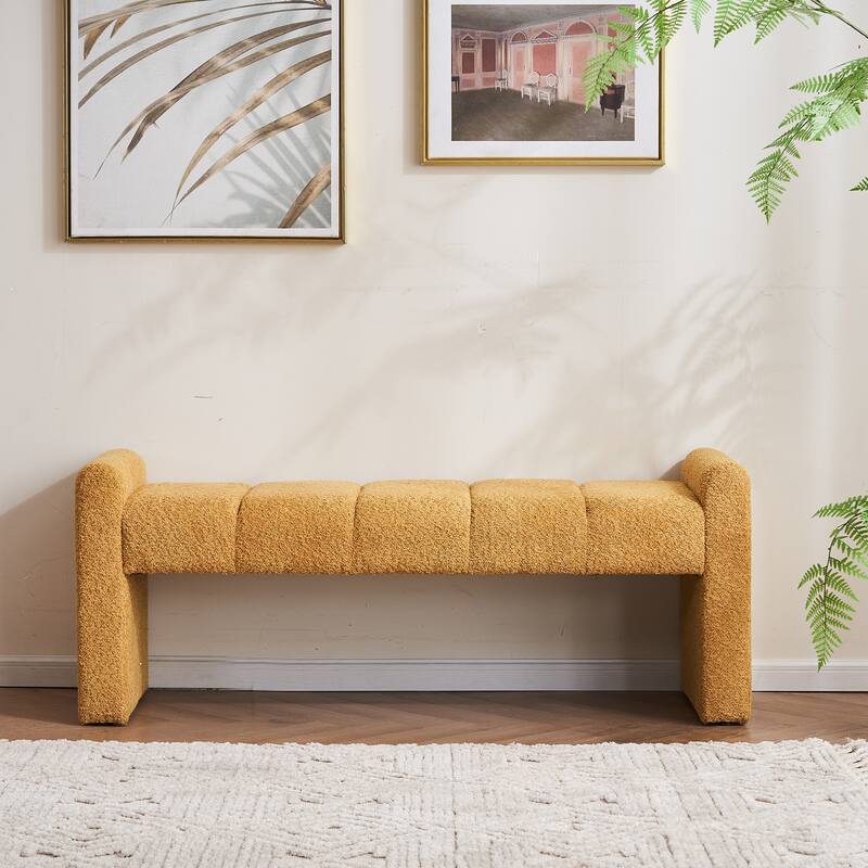54" Boucle Bedroom Bench with Channel Tufted - Straight Arm - MUSTARD
