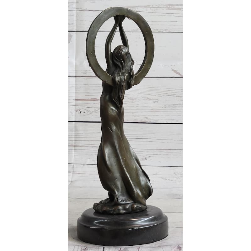 Gaia Girl Holding Moon In Front Of Sun Bronze Statue Sculpture Figure 12 Inches X 4 Inches