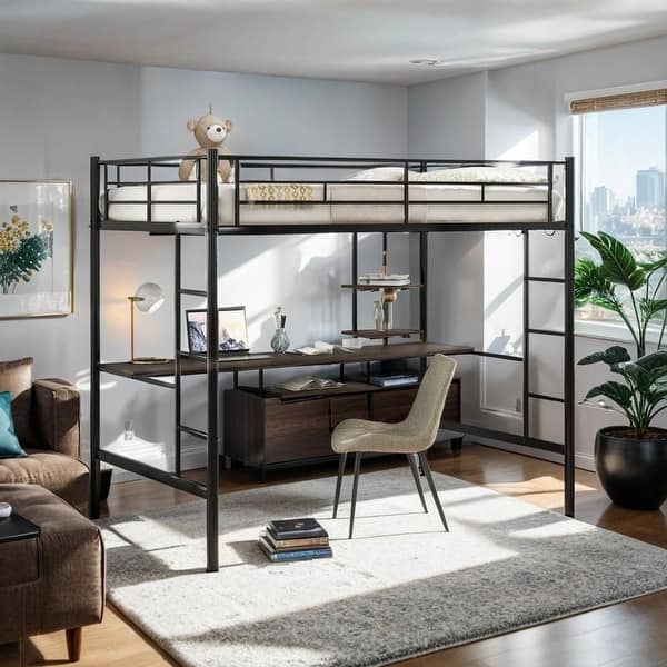 slide 2 of 14, Full Size Loft Bed with Desk and Shelf, Space Saving Design, Black Black