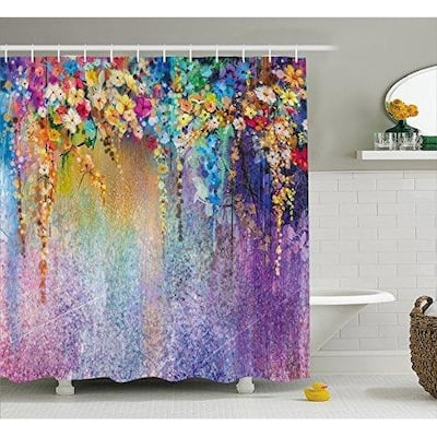 Watercolor Flower Shower Curtain Fabric Bathroom Decor Set, 70 Inches