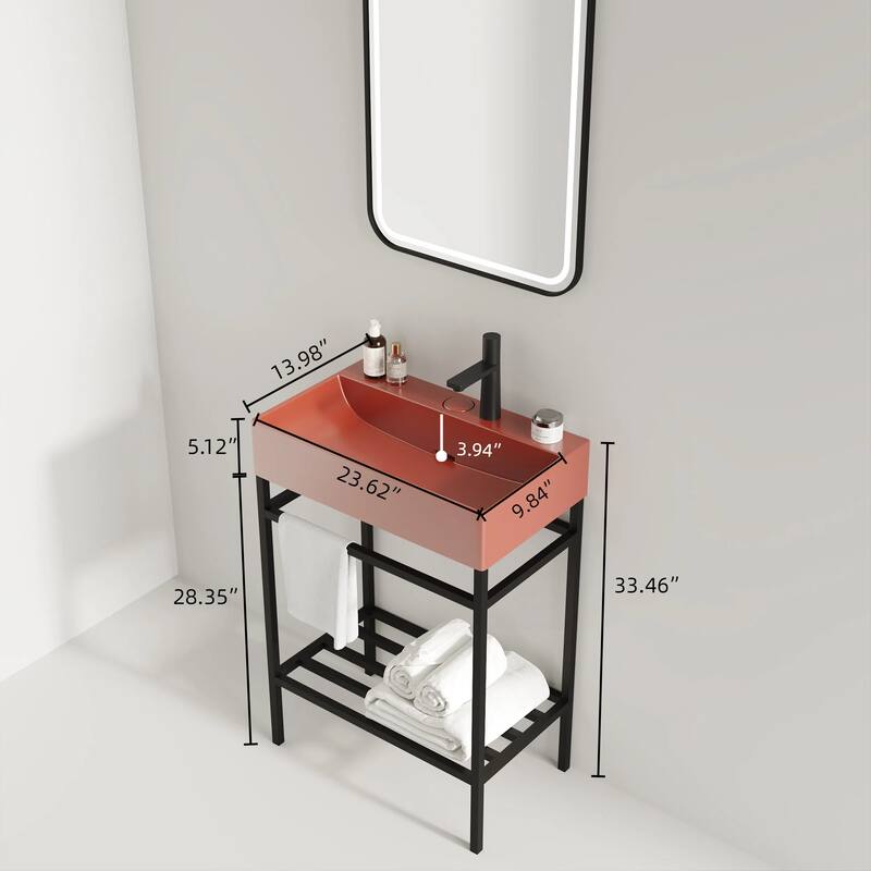 24" LOFI Freestanding Bathroom Vanity with Glossy Red Rectangular Ceramic Basin, Storage Shelves, Open Metal Leg Design