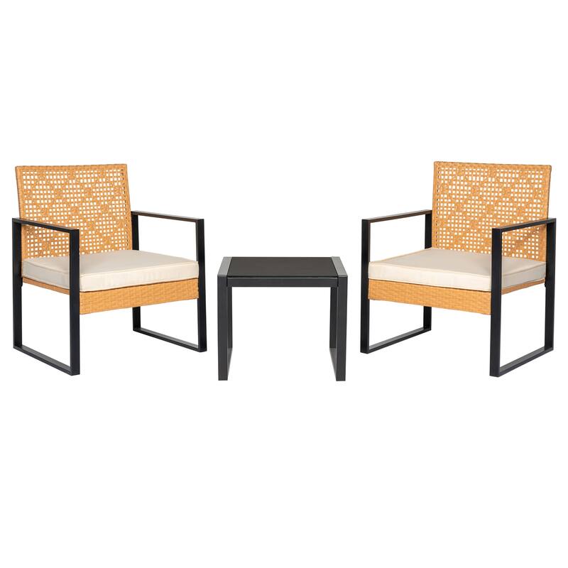 3 Pieces Patio Set Outdoor Wicker Furniture Sets, Modern Rattan Chair Conversation Sets with Glass Coffee Table