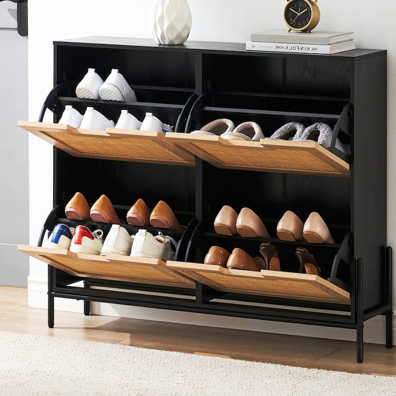 Natural Rattan 4 Flip Door Shoe Storage Cabinet