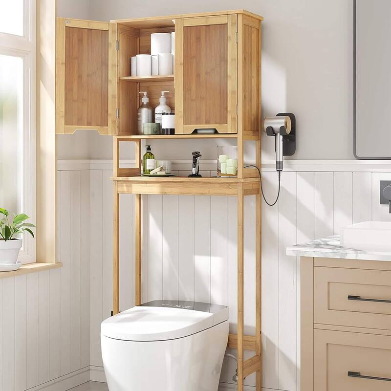 Bamboo Over The Toilet Storage Cabinet with Dual Doors and Open Shelf Mahe Collection - 23.10"L x 8.10"W x 68.4"H