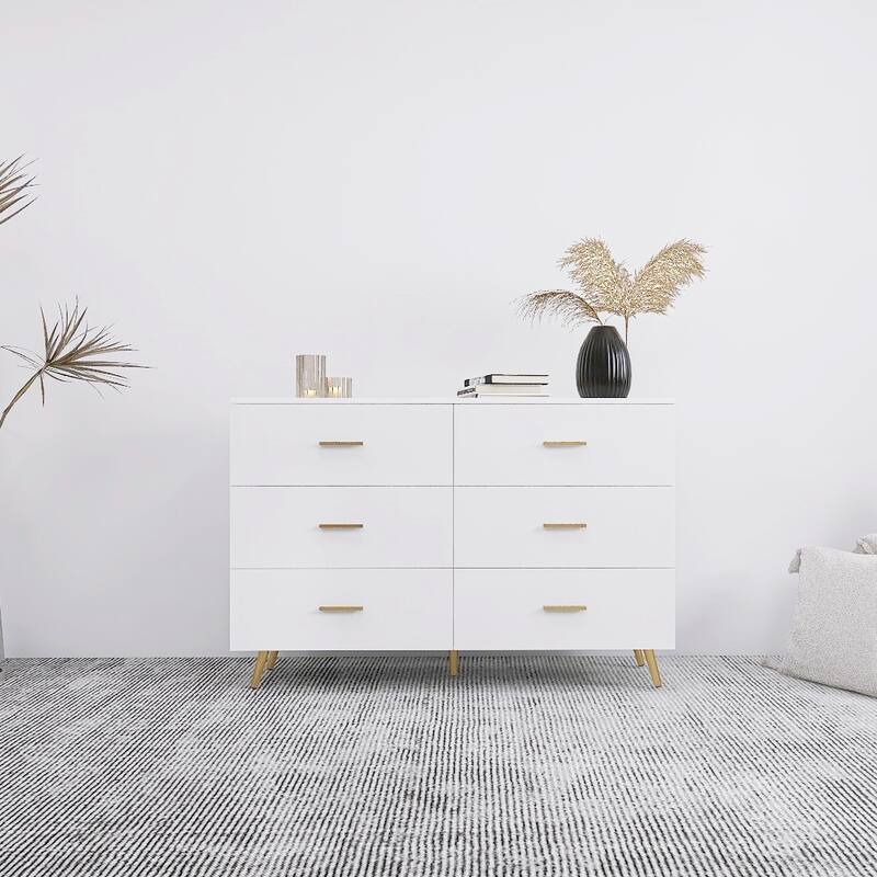 6 Drawers Dresser for Bedroom, High Glossy Surface Storage Drawers Chest, Organizer Cabinet with Golden Handles & Metal Legs - White
