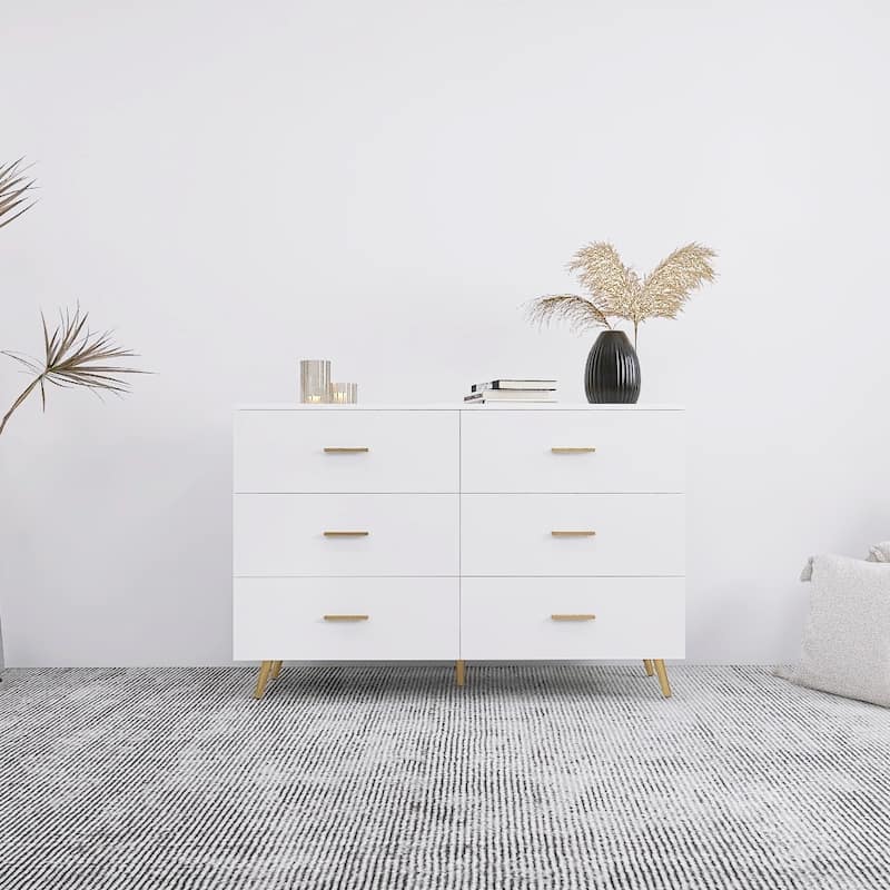 High Glossy Double Dresser with 6 Storage Drawers for Bedroom, Chest of Drawer Vanity with Golden Handle Legs