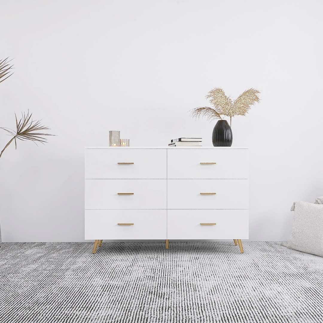 Modern High-Gloss Dressing Table, Lockers with 6 Large Drawers and Anti-Tipping Design, for Bedroom, White