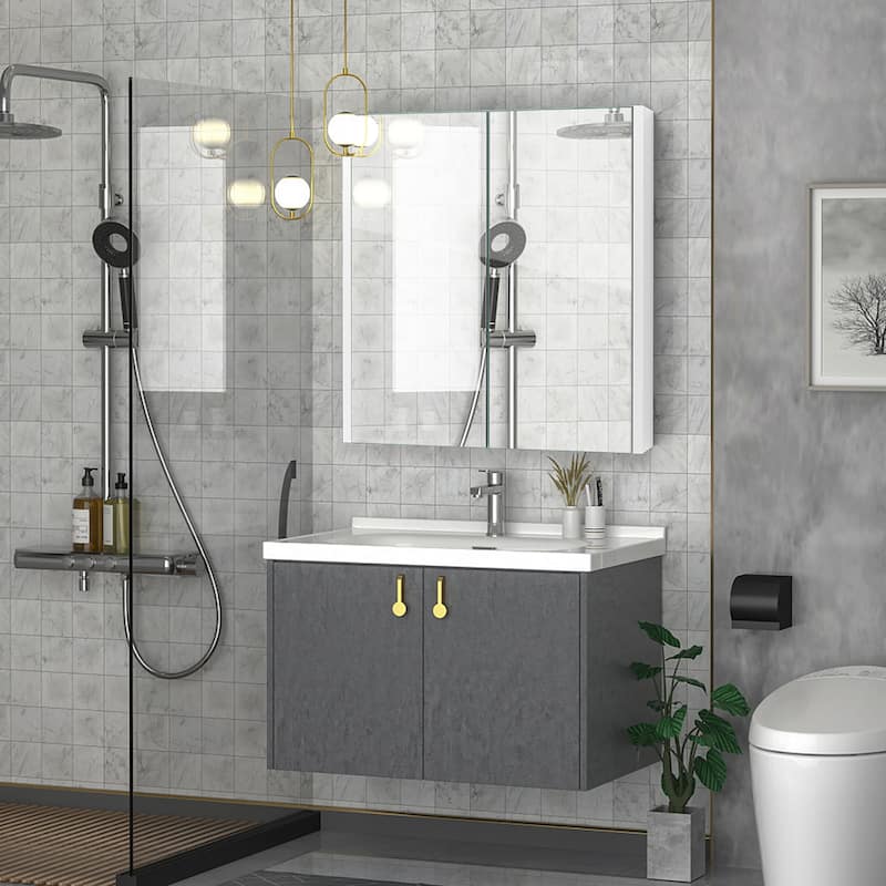 2 Tier Wall Mounted Bathroom Cabinet Storage Cabinet with Mirror Doors