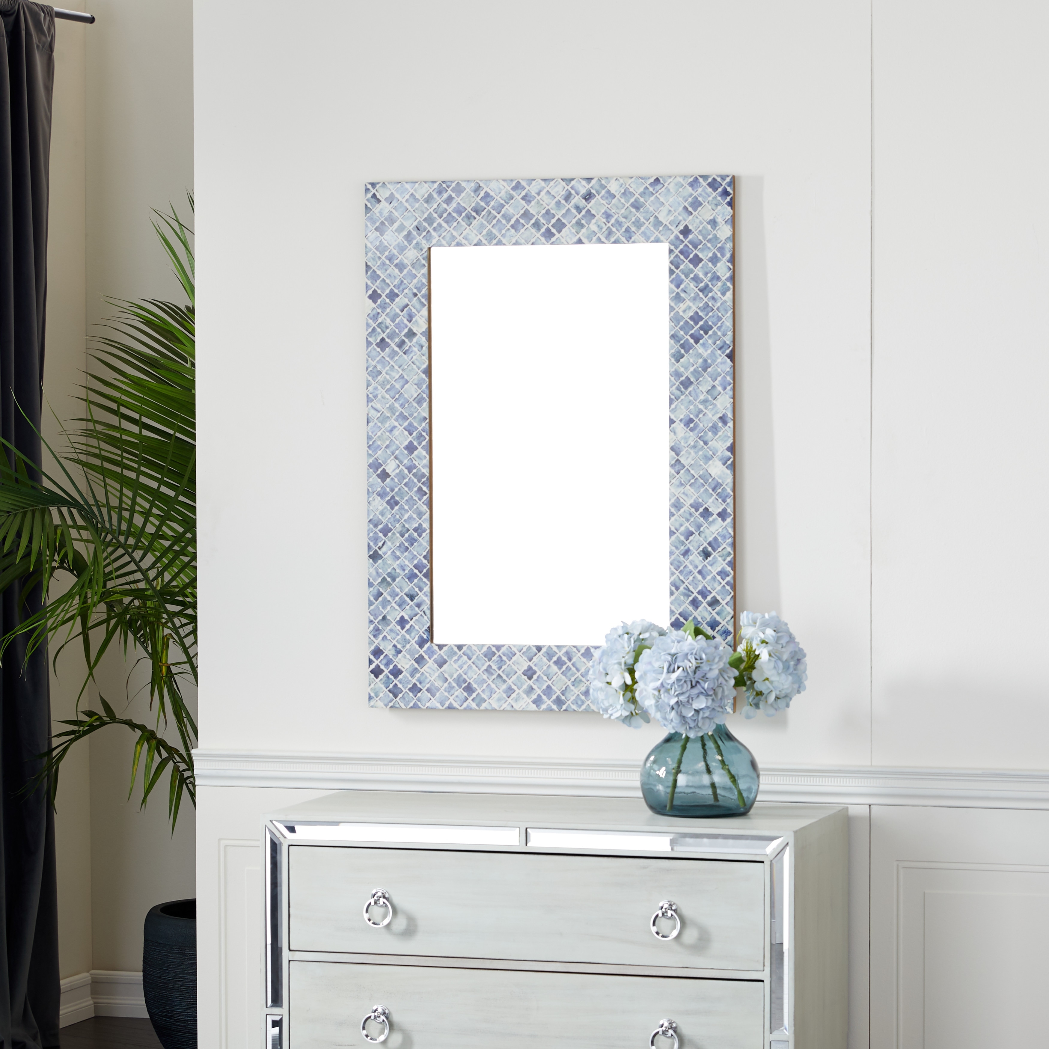Blue Wood Quatrefoil Wall Mirror with Bone Inlay 26 x 1 x 36