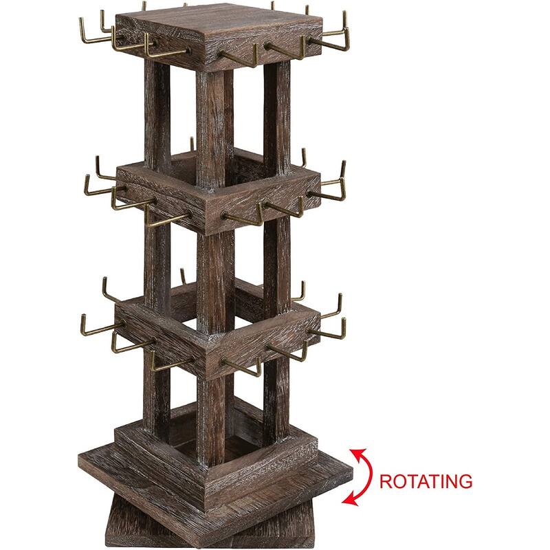 Natural Wood Rotating 36 Hooks Jewelry Tower