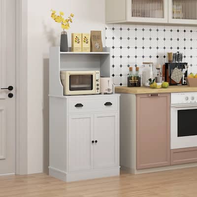 HOMCOM Microwave Cabinet with Storage Drawer, Double Door Cabinet and Adjustable Shelf, Buffet with Hutch and Cable Hole