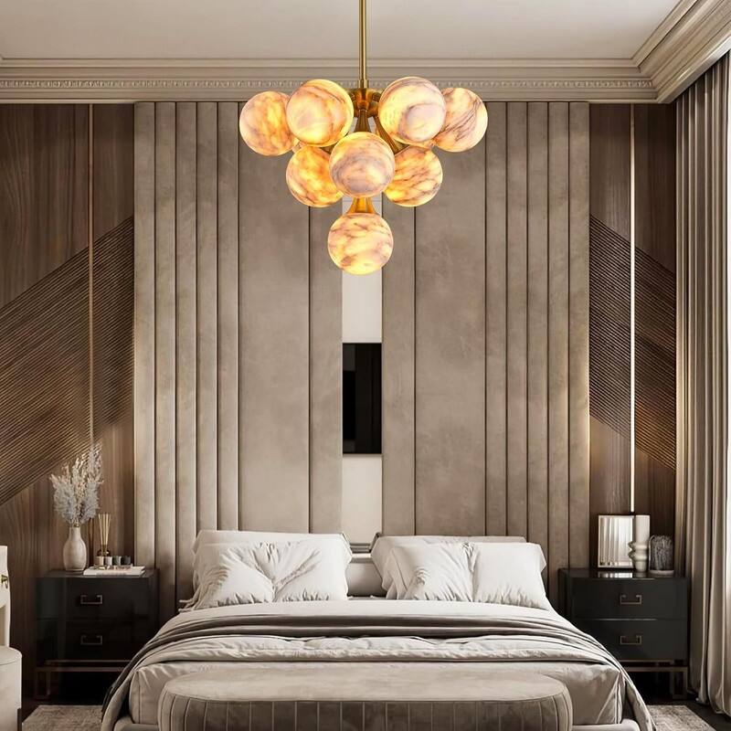 KAYLA Modern Sputnik Alabaster Chandelier, 18 Light Gold & Smoked Alabaster Globe Chandeliers