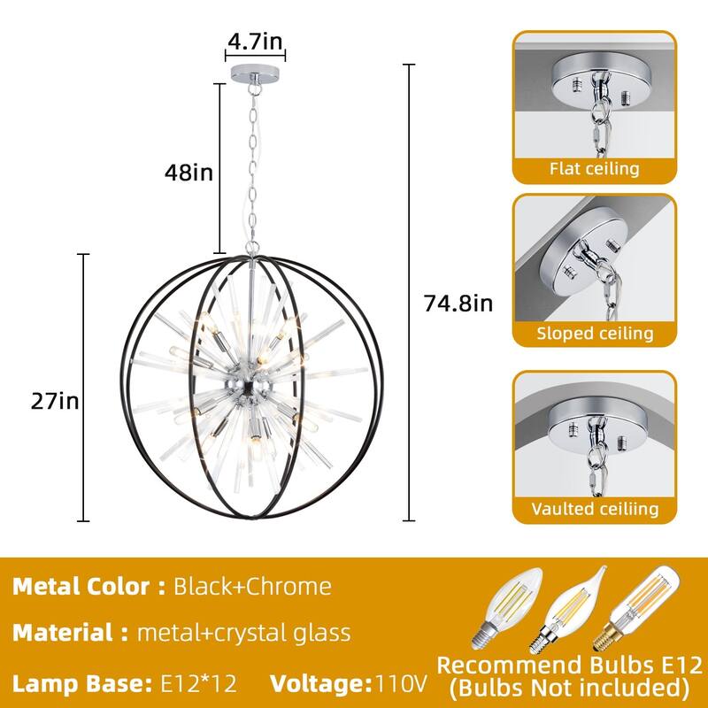 Modern Chandelier 27" 10-light Black and Silver Orb