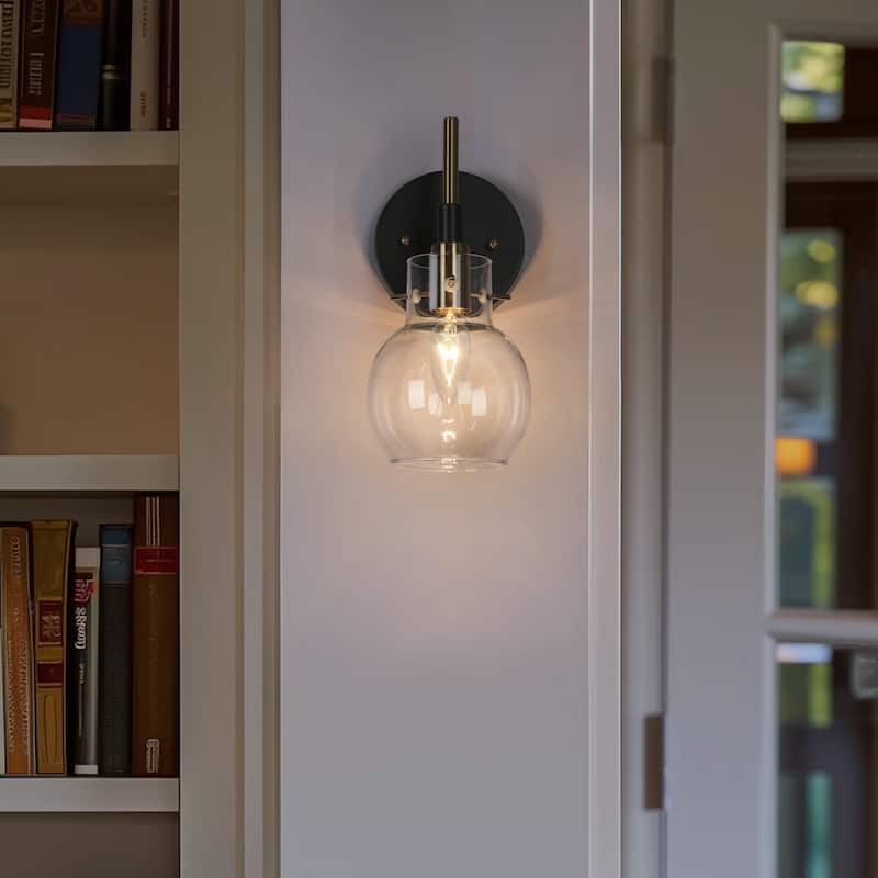 Modern Farmhouse 1-Light Black Gold Wall Sconce Light Fixture with Glass Shade - Globe