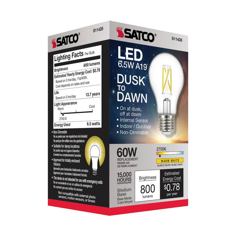 6.5 Watt A19 LED Dusk to Dawn With PhotoCell 2700K Medium base 320 deg. Beam Angle 120 Volt - Clear