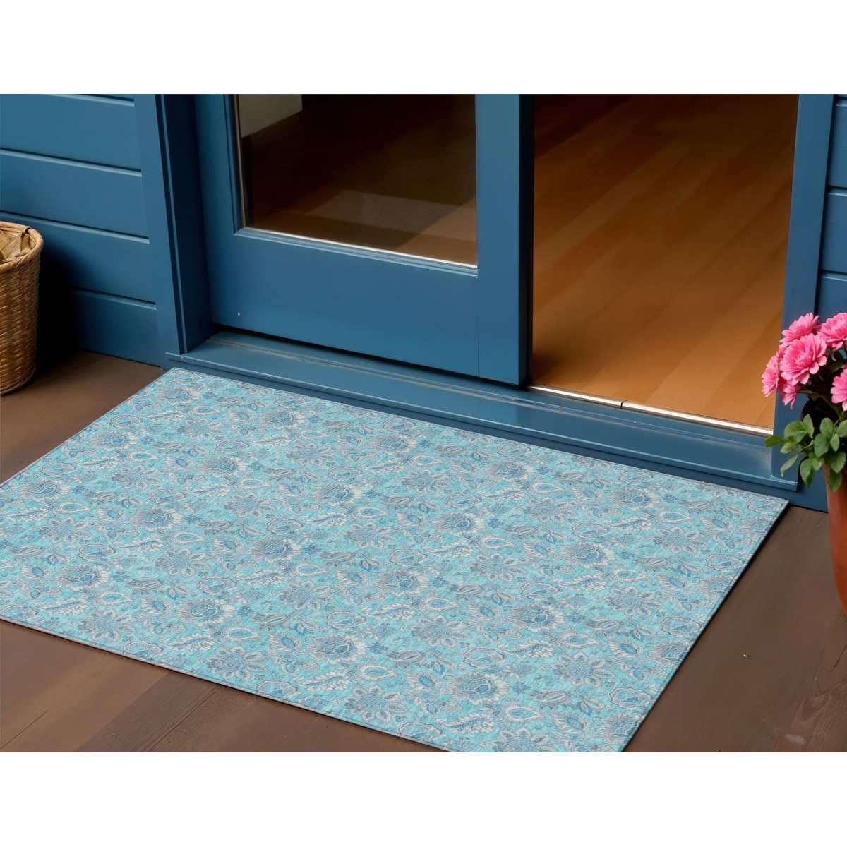 3' X 5' Aqua Blue And Silver Floral Washable Indoor Outdoor Area Rug - 3'6"