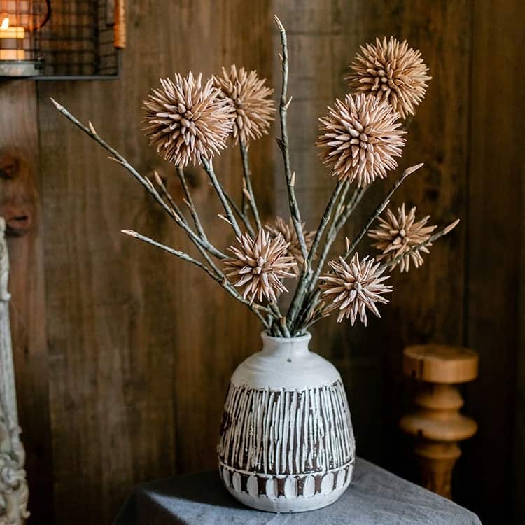 RusticReach Round Camel Color Ball Flower on Twig Stem 34" Tall