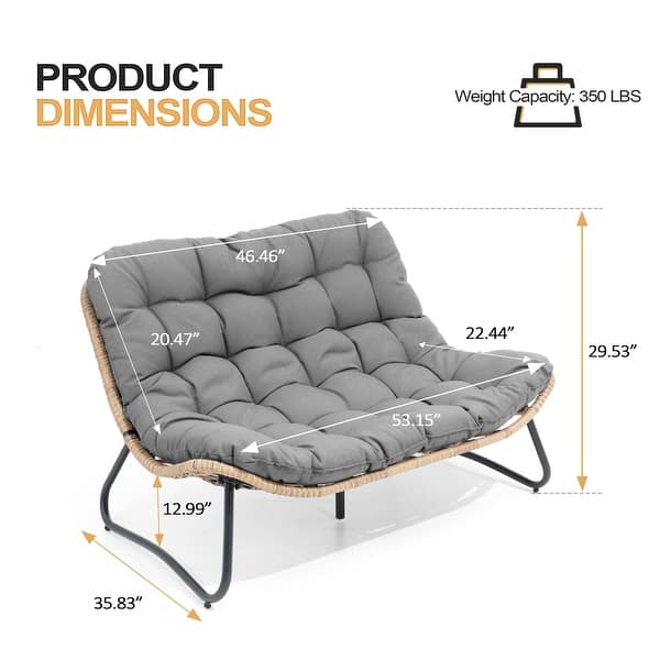 dimension image slide 4 of 6, Double Papasan Chair Loveseat with Cushion, All-weather PE Rattan and Metal Frame for Indoor Outdoor