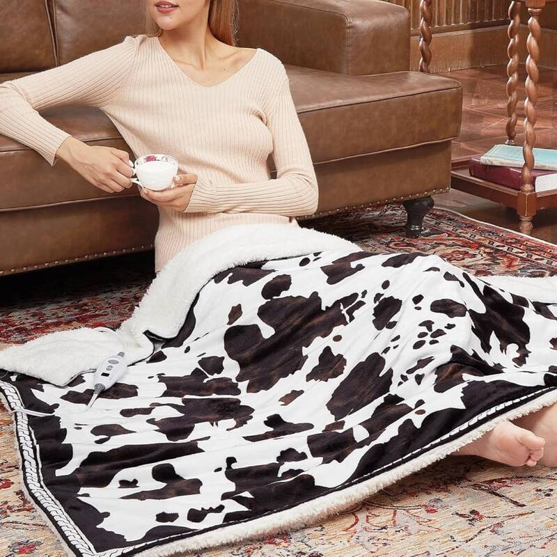 Cow Print 10 Heat Levels Electric Heating Blanket, Machine Washable, Brown+White - 84"*90"