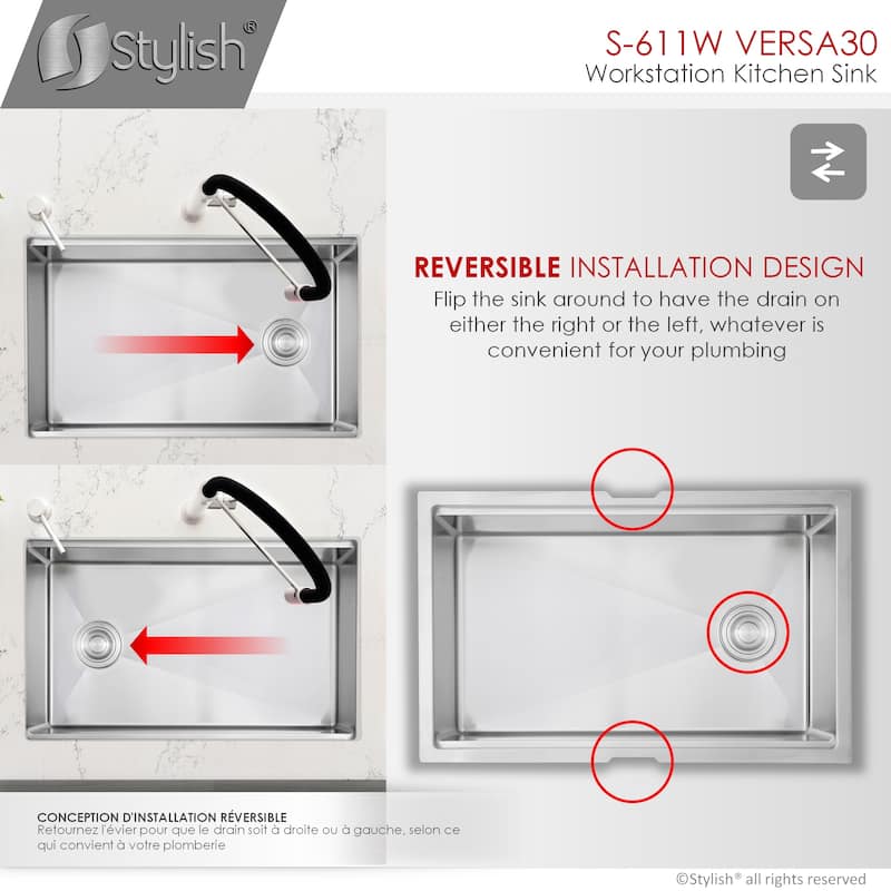 STYLISH 30 inches Workstation Single Bowl Undermount 16 Gauge Stainless Steel Kitchen Sink with Built in Accessories