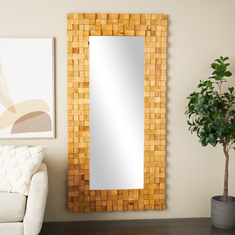 Mango Wood Geometric Handmade Dimensional Square Mosaic Room Floor Mirror with Grain Patterns - Brown - Roche River Decor