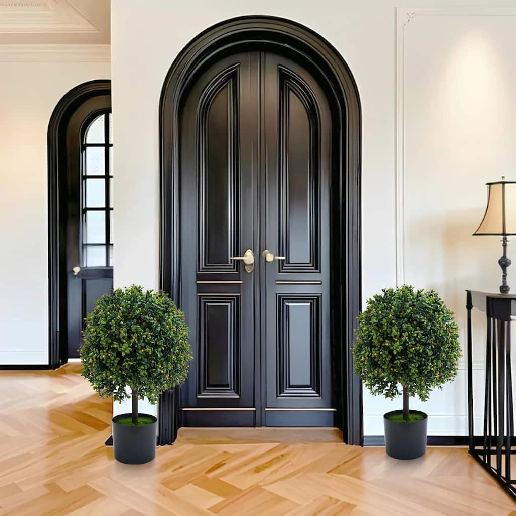 2Pcs 20in Artificial Topiary Boxwood Trees Outdoor Indoor Porch Garden