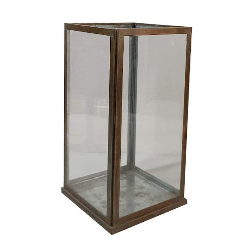 Large Aged-Finish Iron and Glass Candle Holder - 12" - Antique Brown