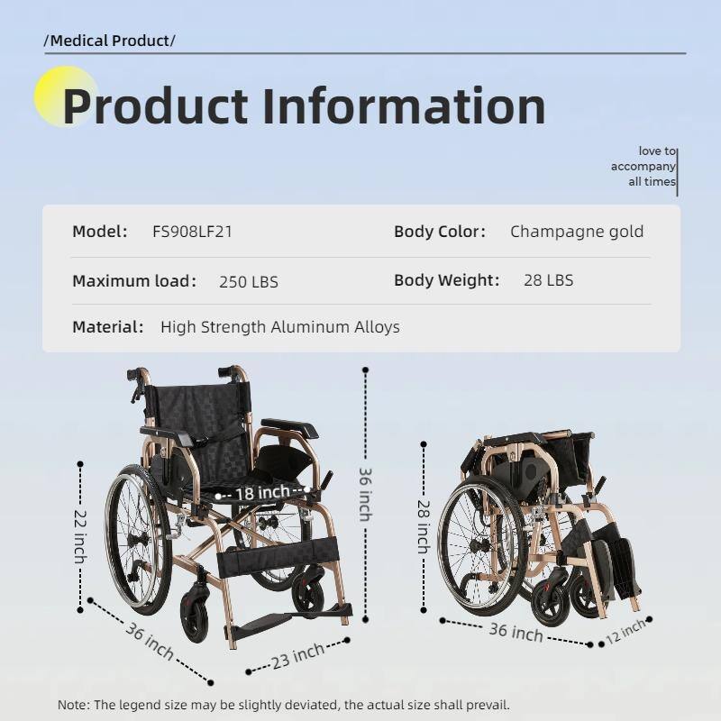 Aluminum Foldable Lightweight Adult Wheelchair, 18" Seat with Front and Rear Locking Hand Brakes, 22" Rear Wheels