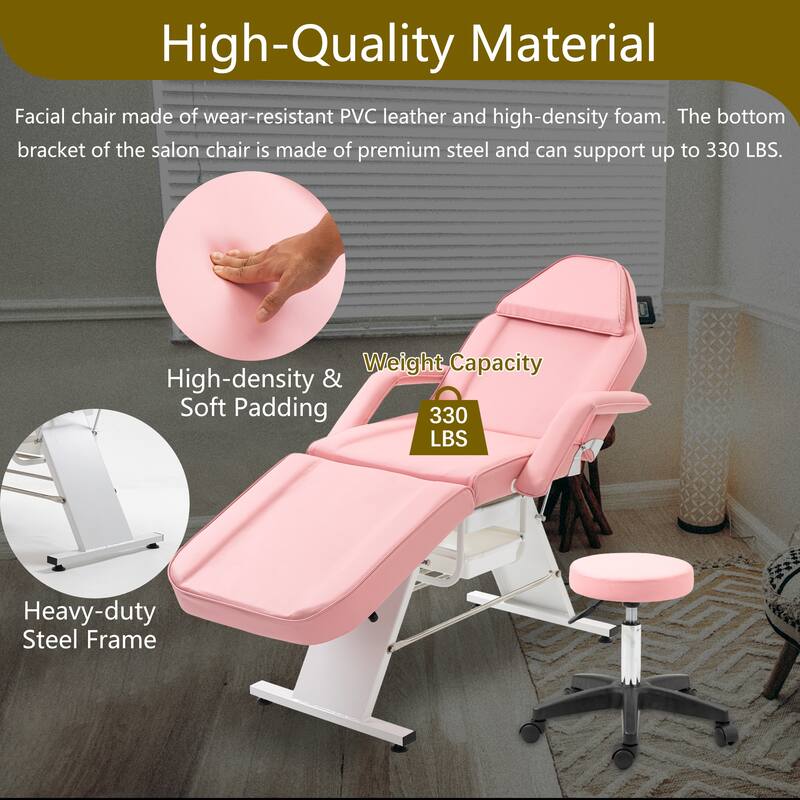 Massage Salon Tattoo Chair - 3-Section Adjustable Facial Bed with Two Trays & Hydraulic Stool, Multi-Purpose Spa Equipment