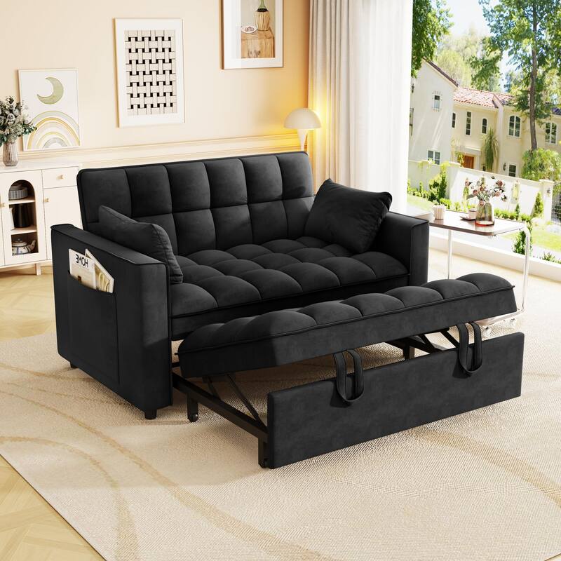 Sleeper Sofa Couch w/Pull Out Bed, Modern Velvet Convertible Sleeper Sofa Bed, Small Love seat Sofa Bed w/Pillows & Side Pockets