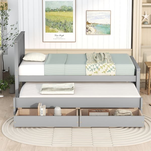 slide 2 of 12, Twin Size Wood Frame Platform Bed with Trundle Bed and Two Storage Drawers, Headboard Included Gray