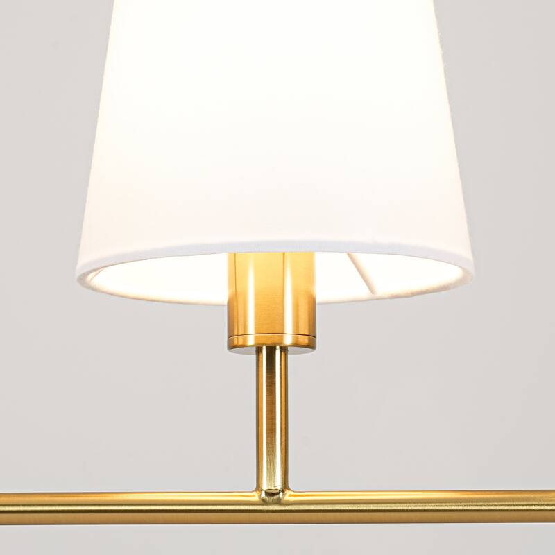 5-Light Mid-Century Modern Linear Pendant Light in Brass Finish White TC Fabric Shade for Dining Room and Kitchen Island