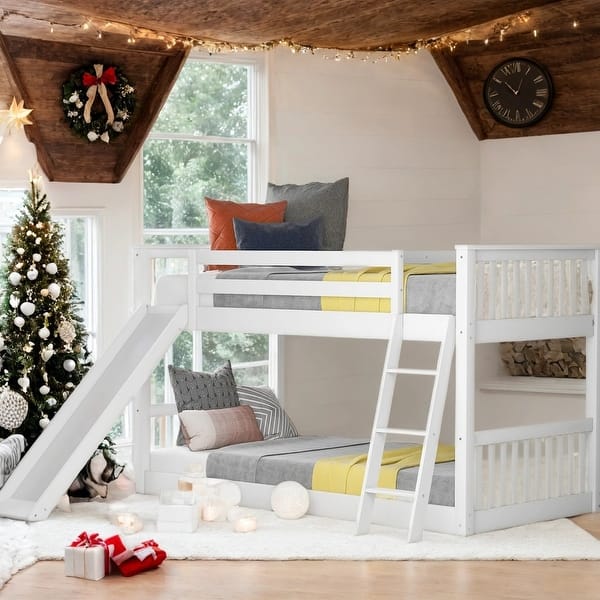 slide 2 of 11, White Sturdy TBunk Bed with Built-in Slide and Ladder,Twin over Twin Kids Bed White