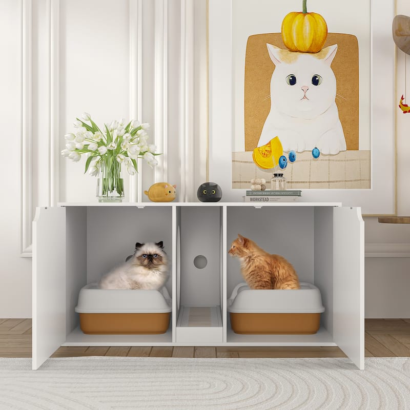 Hidden Cat Litter Box Enclosure Furniture, Cat Washroom w/Double Room