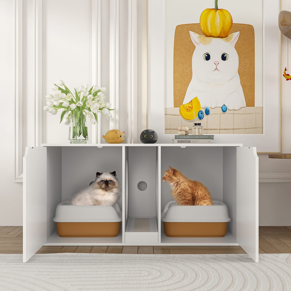 Hidden Cat Litter Box Enclosure Furniture, Cat Washroom w/Double Room