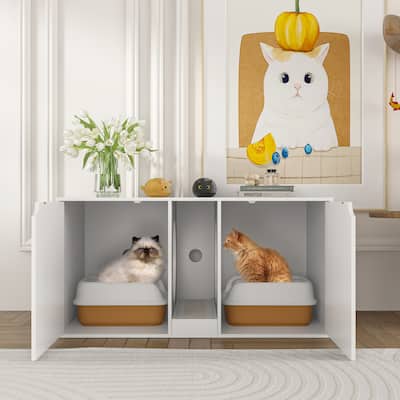 Hidden Cat Litter Box Enclosure Furniture, Cat Washroom w/Double Room
