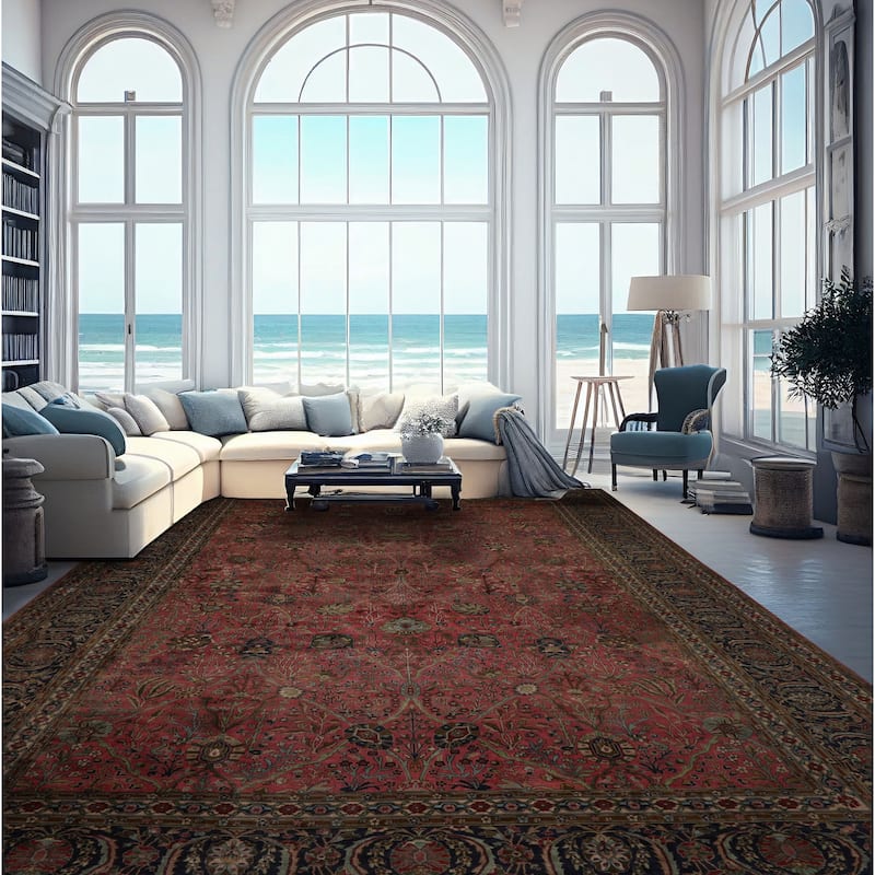 12x17'8'' Hand Knotted Wool Rose 300 KPSI Botanical Antique Sarouk Traditional Rug - 12' x 17' 8''