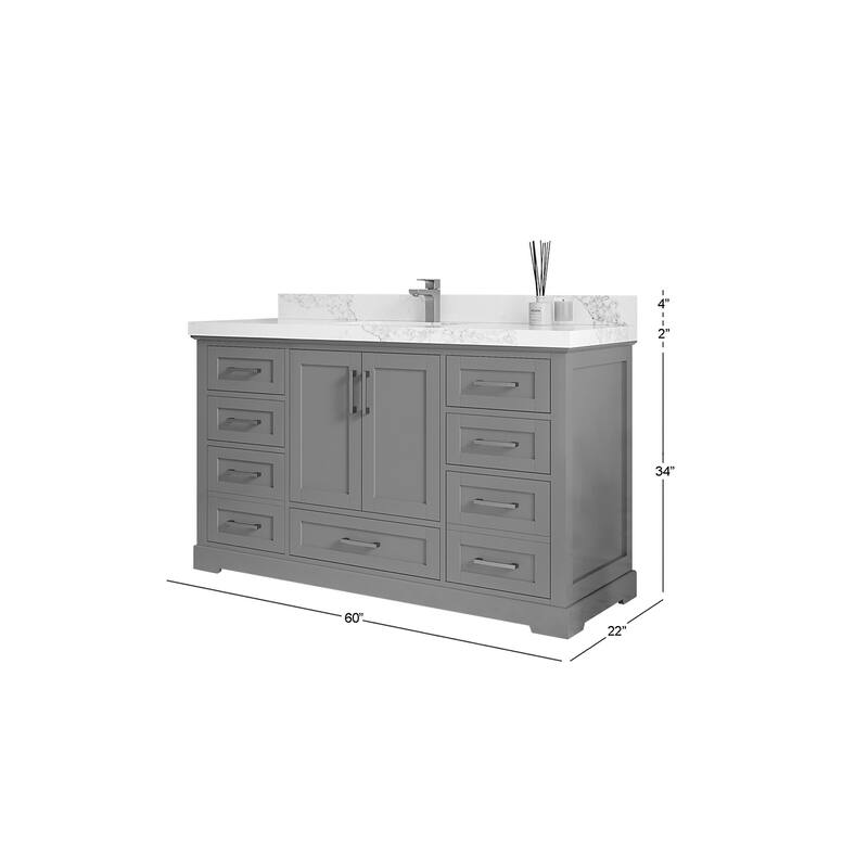 Willow Collection 60 in W x 22 in D x 36 in H Boston Single Bowl Sink Bathroom Vanity with Countertop
