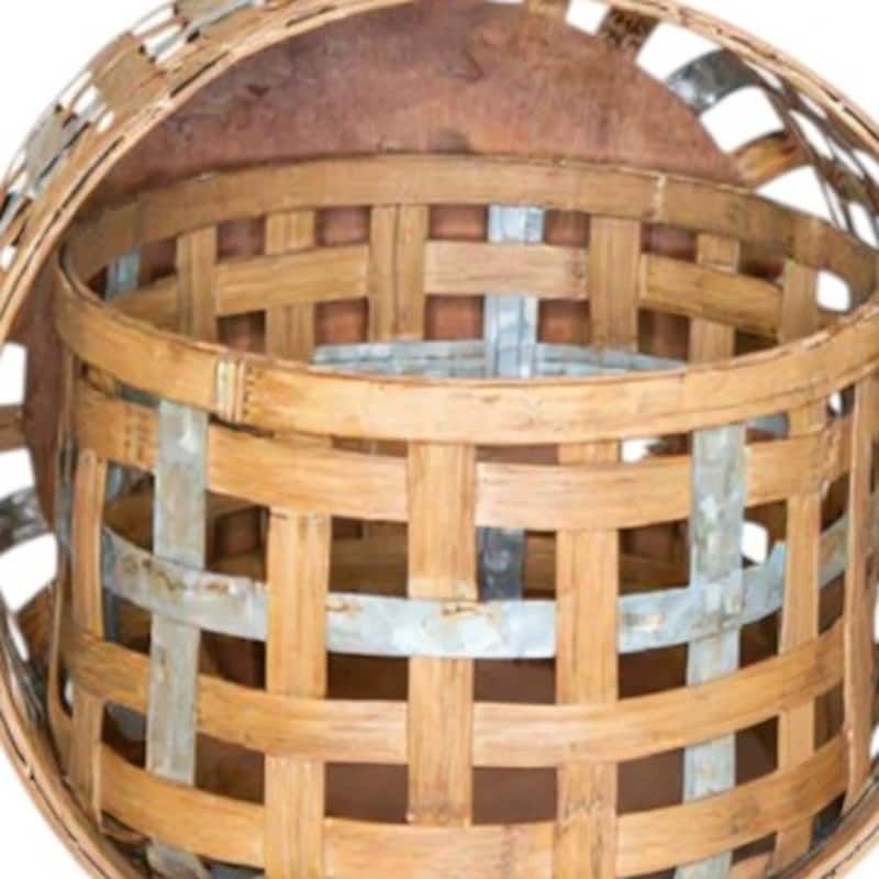 HomeRoots Set of Three Natural Wicker And Galvanized Metal Woven Baskets