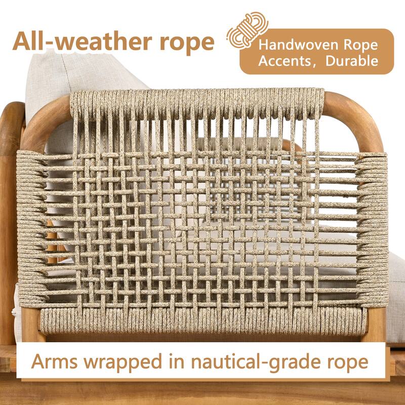 5 Pcs Outdoor Rope Weave Sofa Set, All-Weather Conversation Furniture Set with Acacia Wood Table, 2 Armchairs and Ottoman