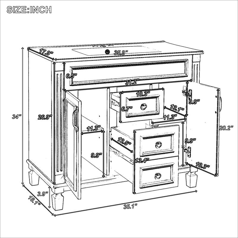 30" Ceramic Sink Bathroom Vanity with Gold Handles, Soft-Close Storage & Space-Saving Design