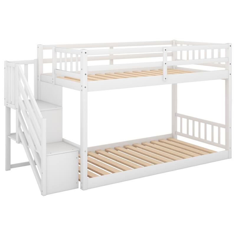 White Twin over Twin Floor Bunk Bed with Storage Ladder, Space-Saving Design for Kids Room