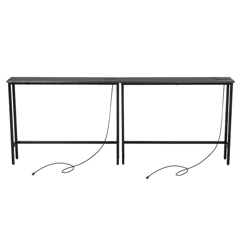Metal Console Sofa Tables with Built-In USB and AC Ports Pack of 2 - 78.7 x 5.9 x 31.1 in - Black