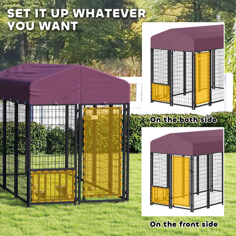 PawHut 7.9' x 4' x 6' Outdoor Dog Kennel, Welded Wire Heavy Duty Dog Run with 360° Rotating & 4 Level Adjustable Bowls