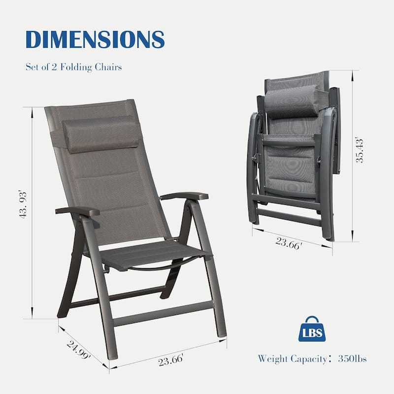 Patio Folding Chairs Set of 2, Padded Textilene Fabric Seat
