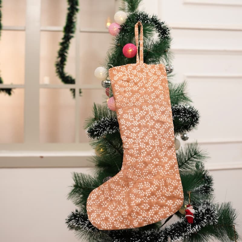 Fabdivine Handmade Christmas Stocking Floral Block Print 10X4.5 Inch Tassel Loop for Home Décor - 10"X4.5"