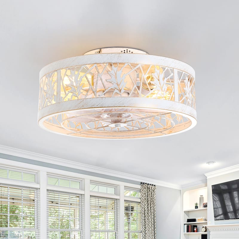 16.5" Vintage Distressed White 7-Blade Caged Ceiling Fan with Remote and Light - Distressed White-Leaf
